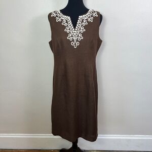 Talbots Linen Dress Embroidered Sleeveless Brown Casual Career Size 10